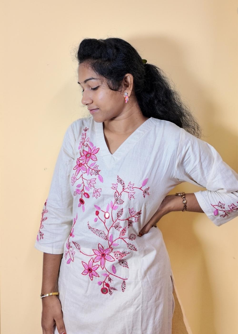 Women’s White Kurta Set with Pink Hand Maggam & Mirror Work