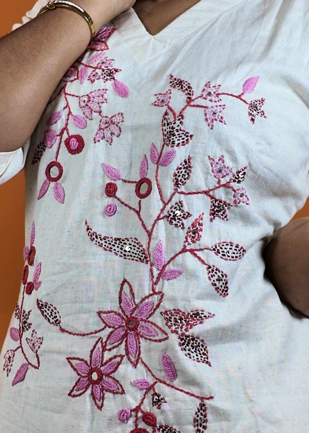 Women’s White Kurta Set with Pink Hand Maggam & Mirror Work