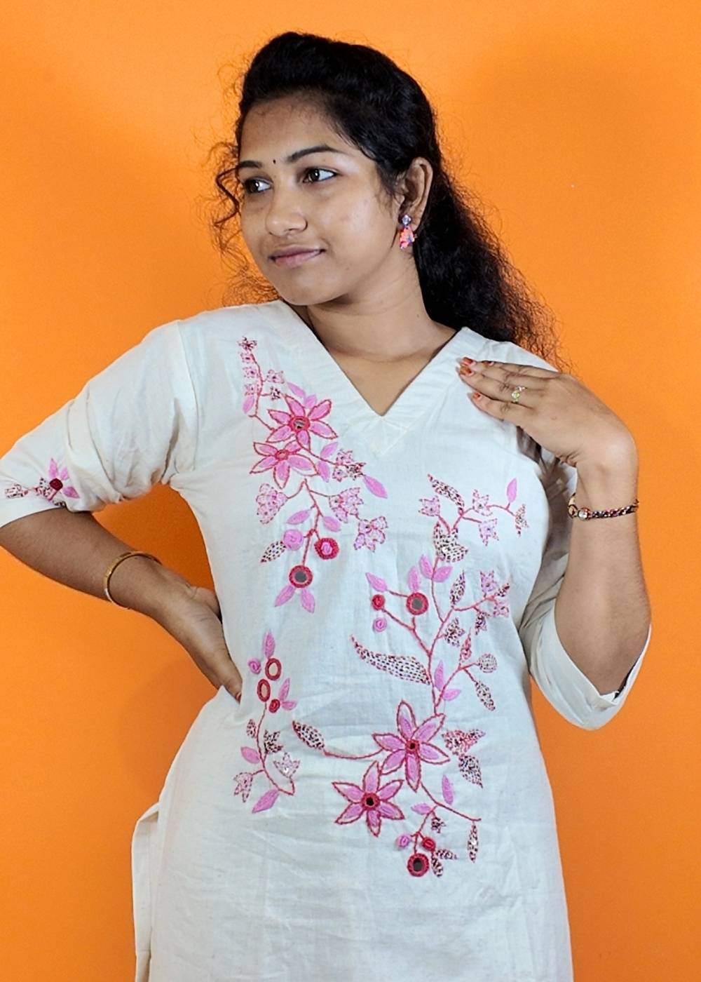 Women’s White Kurta Set with Pink Hand Maggam & Mirror Work