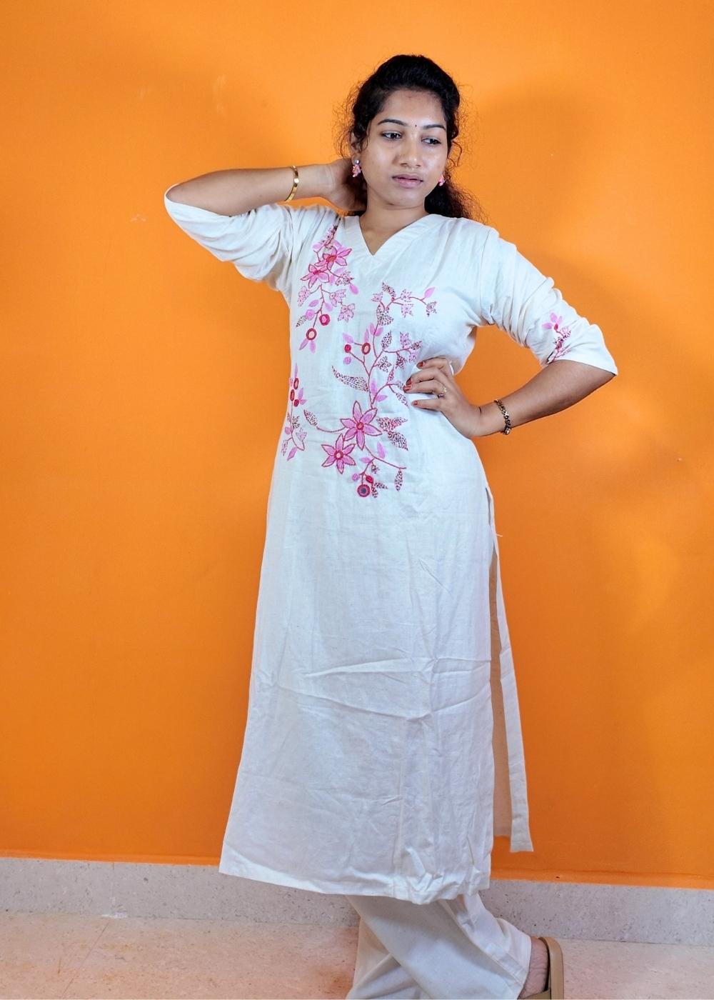 Women’s White Kurta Set with Pink Hand Maggam & Mirror Work