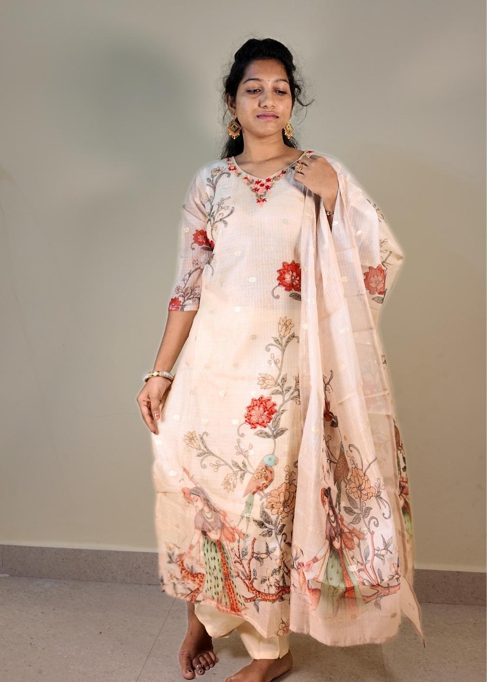 Women’s Jari Kota 3-Piece Kurta Set with Hand Maggam Thread Detailing