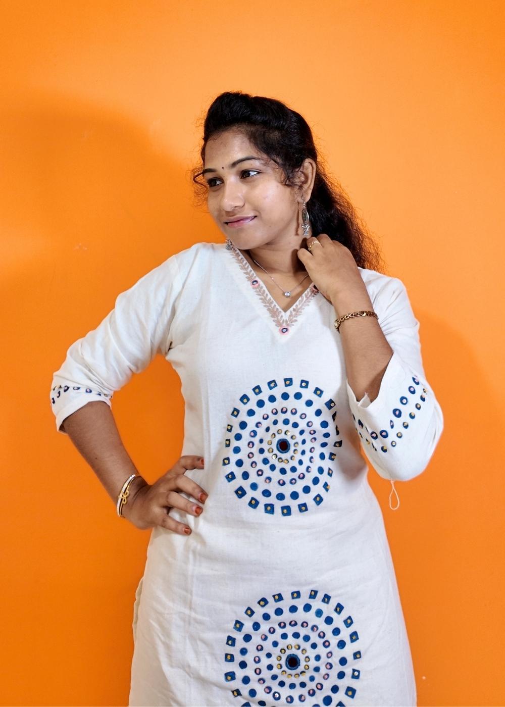 Women’s Khadi Cotton 2-Piece Kurta Set with Circle Brush Print, Real Mirror Hand Work & Pocket