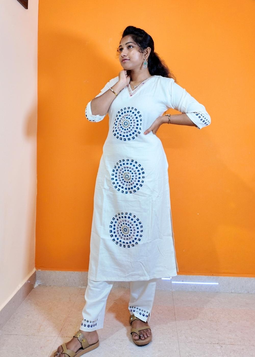 Women’s Khadi Cotton 2-Piece Kurta Set with Circle Brush Print, Real Mirror Hand Work & Pocket