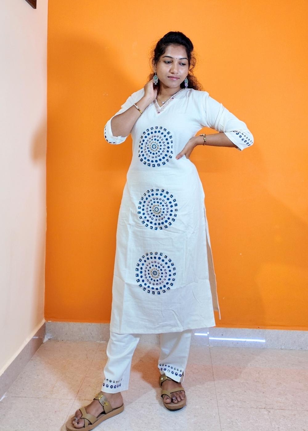 Women’s Khadi Cotton 2-Piece Kurta Set with Circle Brush Print, Real Mirror Hand Work & Pocket
