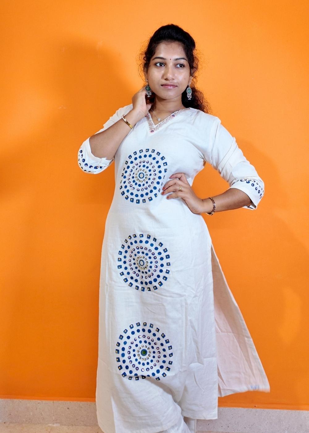Women’s Khadi Cotton 2-Piece Kurta Set with Circle Brush Print, Real Mirror Hand Work & Pocket