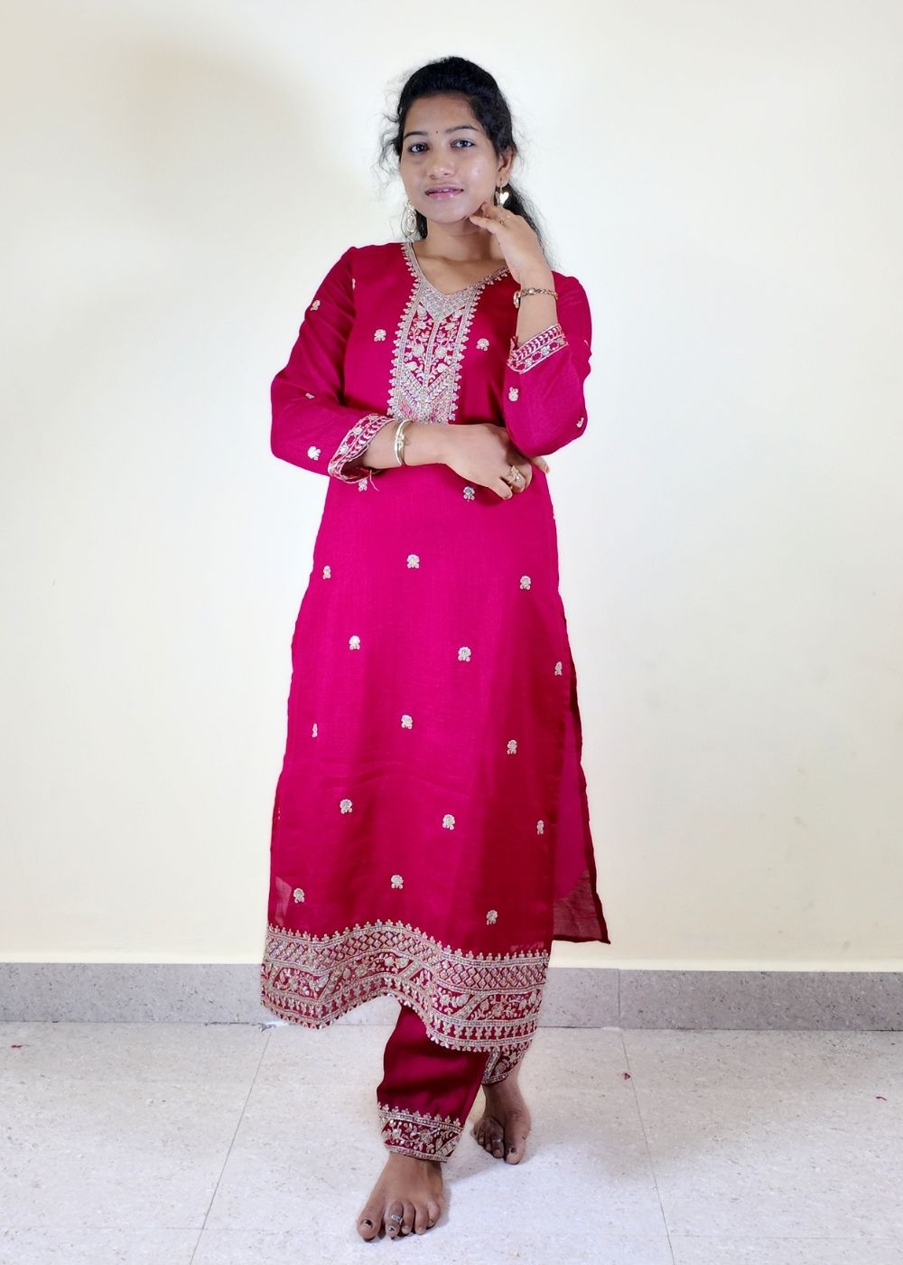 Women’s Pink Vichithra Fabric Fully Stitched 3-Piece Suit Set