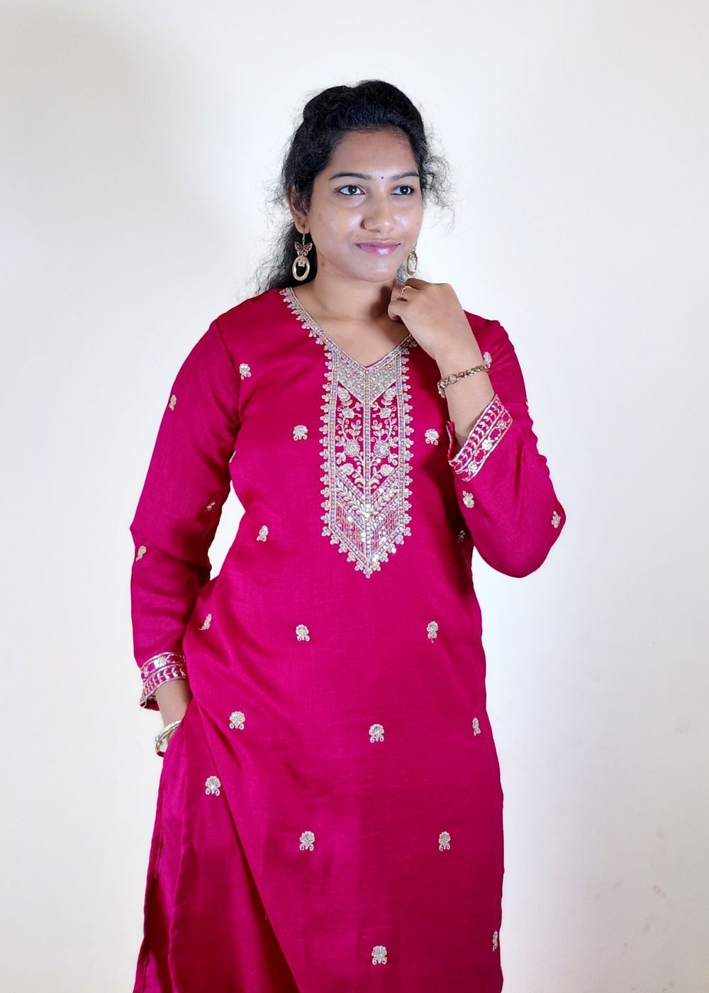 Women’s Pink Vichithra Fabric Fully Stitched 3-Piece Suit Set