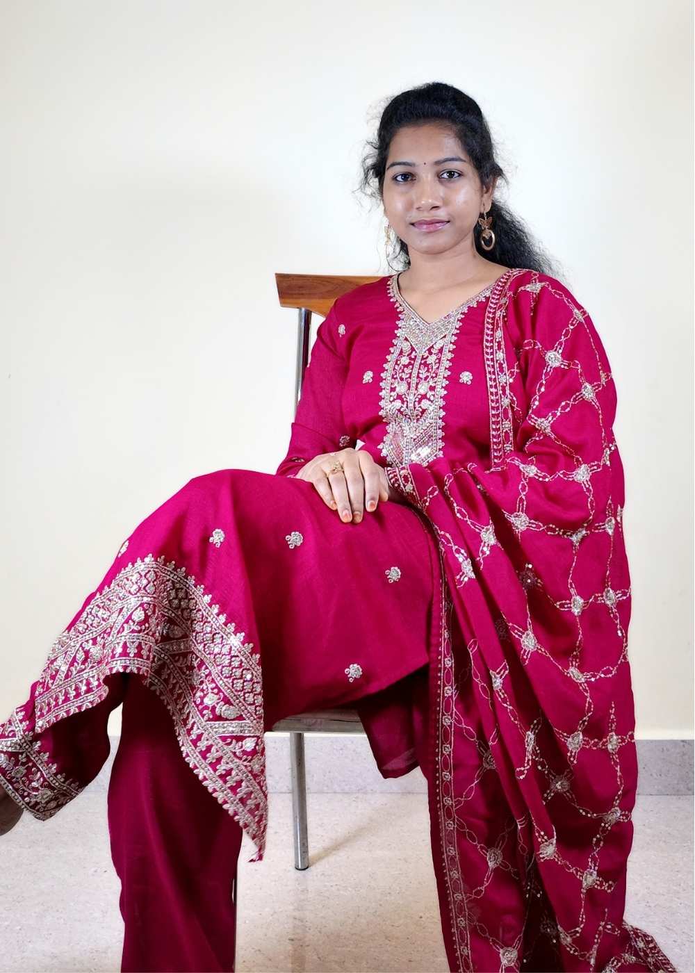 Women’s Pink Vichithra Fabric Fully Stitched 3-Piece Suit Set