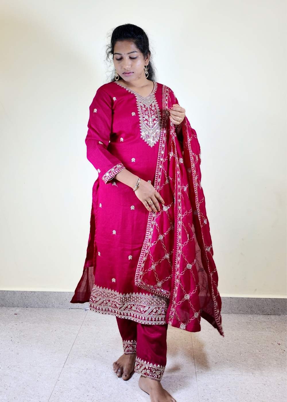 Women’s Pink Vichithra Fabric Fully Stitched 3-Piece Suit Set