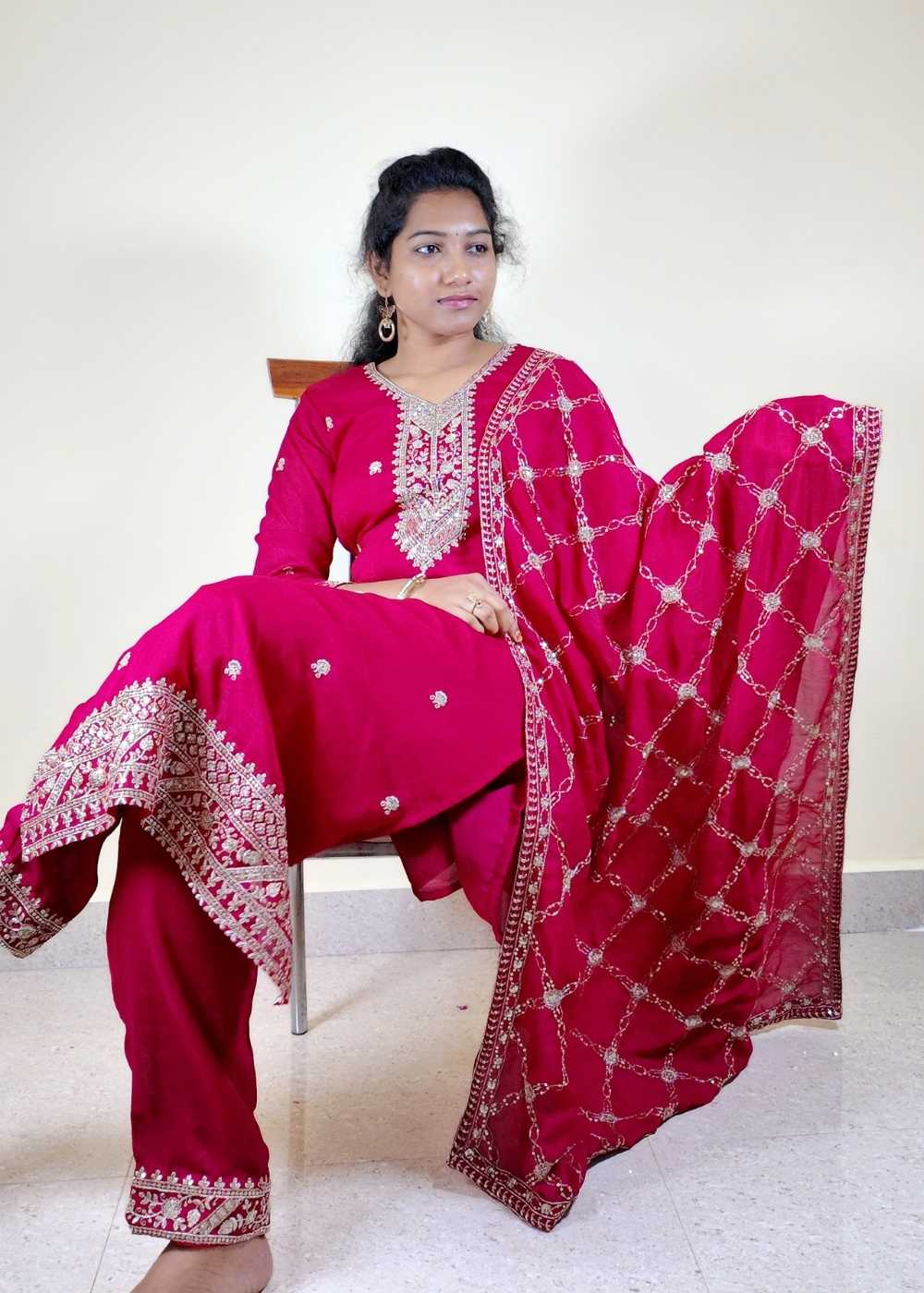 Women’s Pink Vichithra Fabric Fully Stitched 3-Piece Suit Set