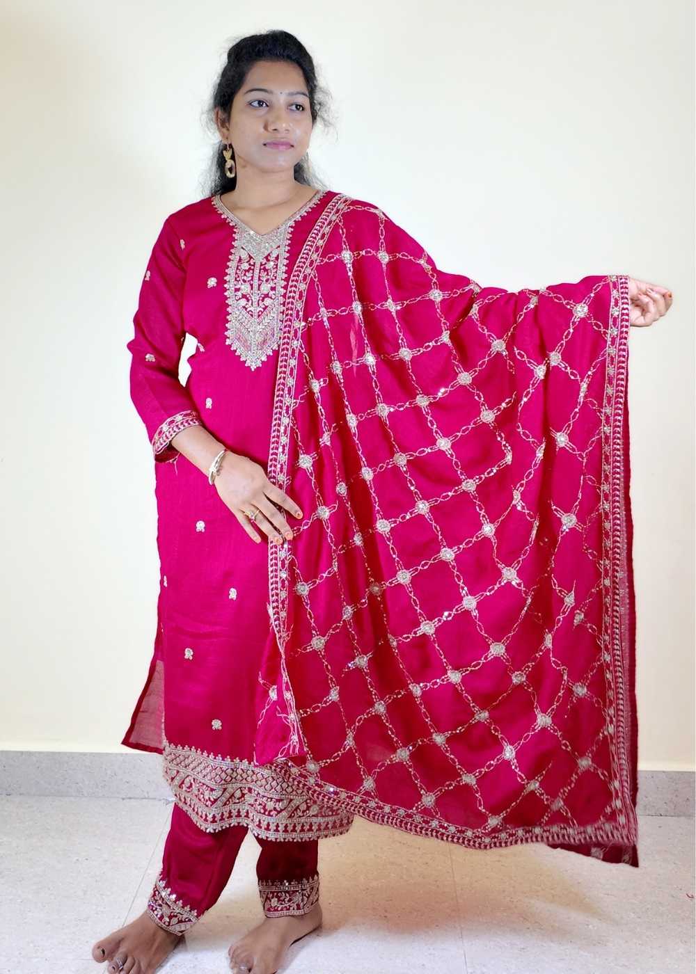 Women’s Pink Vichithra Fabric Fully Stitched 3-Piece Suit Set