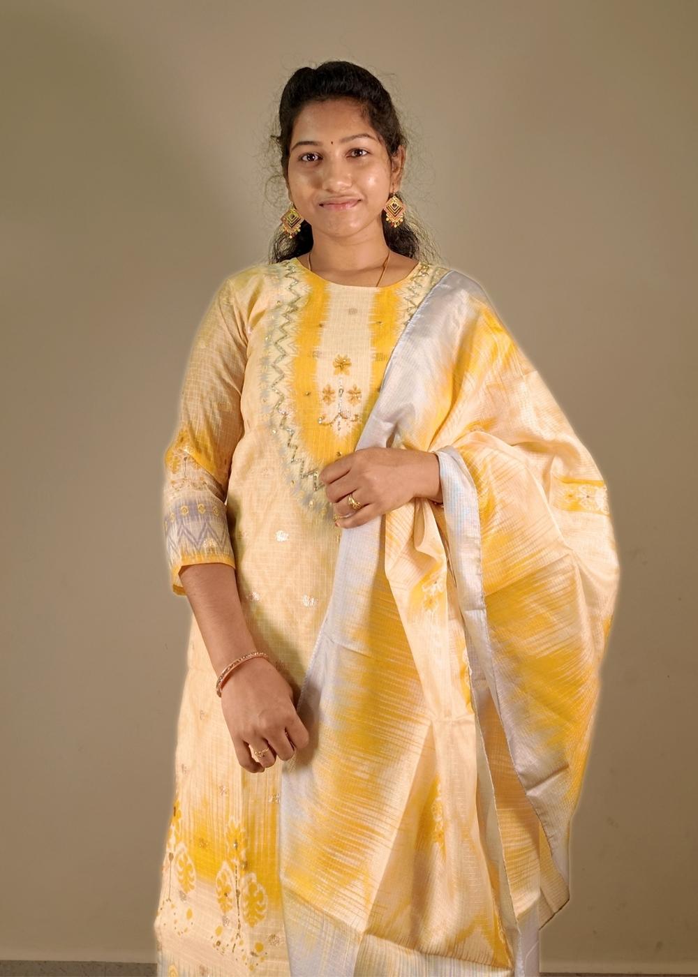 Yellow Zari Kota 3-Piece Set with Full Hand Kadhana Work
