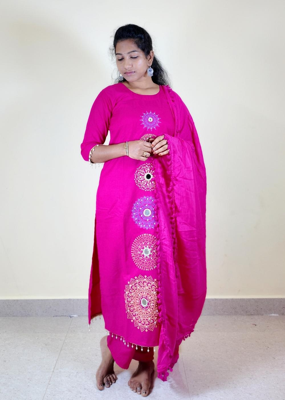 Women’s Fuchsia Pink Slub Cotton 3-Piece Suit