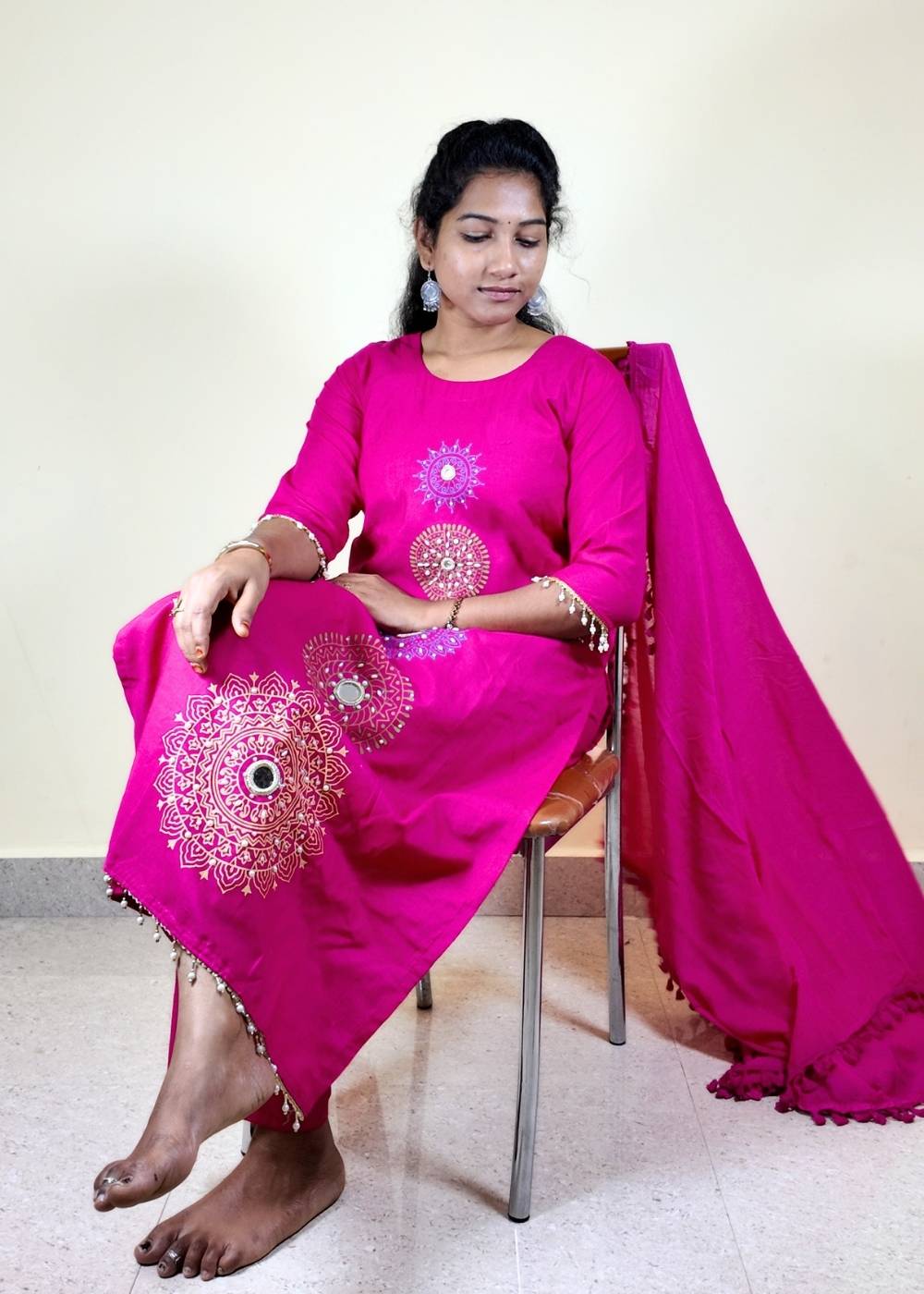 Women’s Fuchsia Pink Slub Cotton 3-Piece Suit