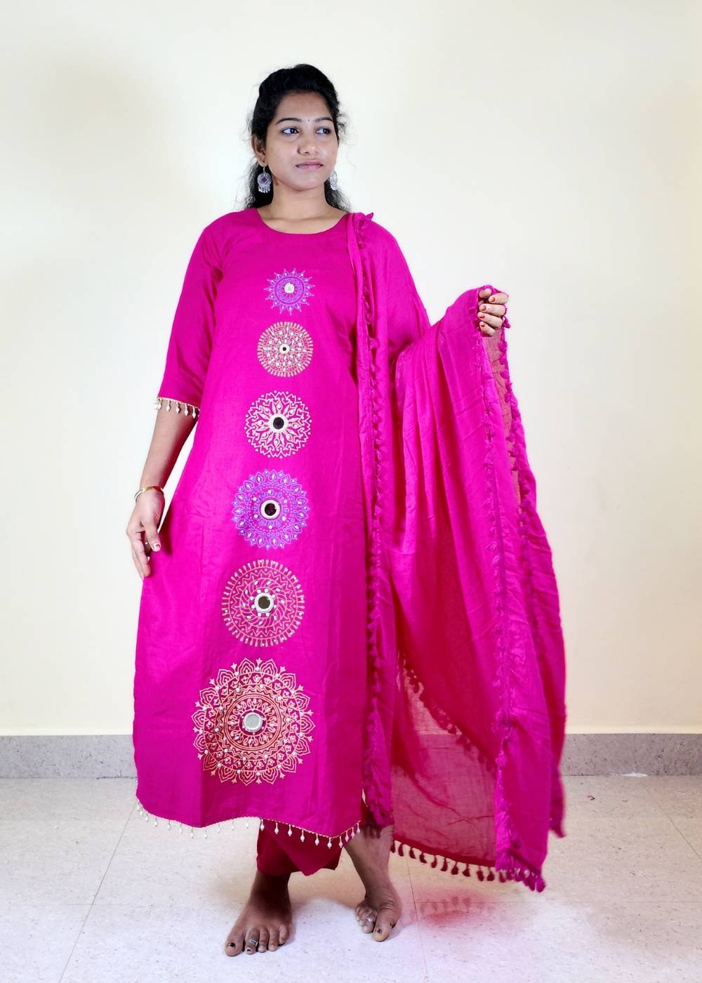 Women’s Fuchsia Pink Slub Cotton 3-Piece Suit
