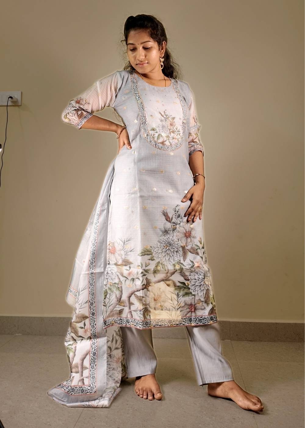 Grey Zari Kota 3-Piece Set with Full Hand Kadhana Work