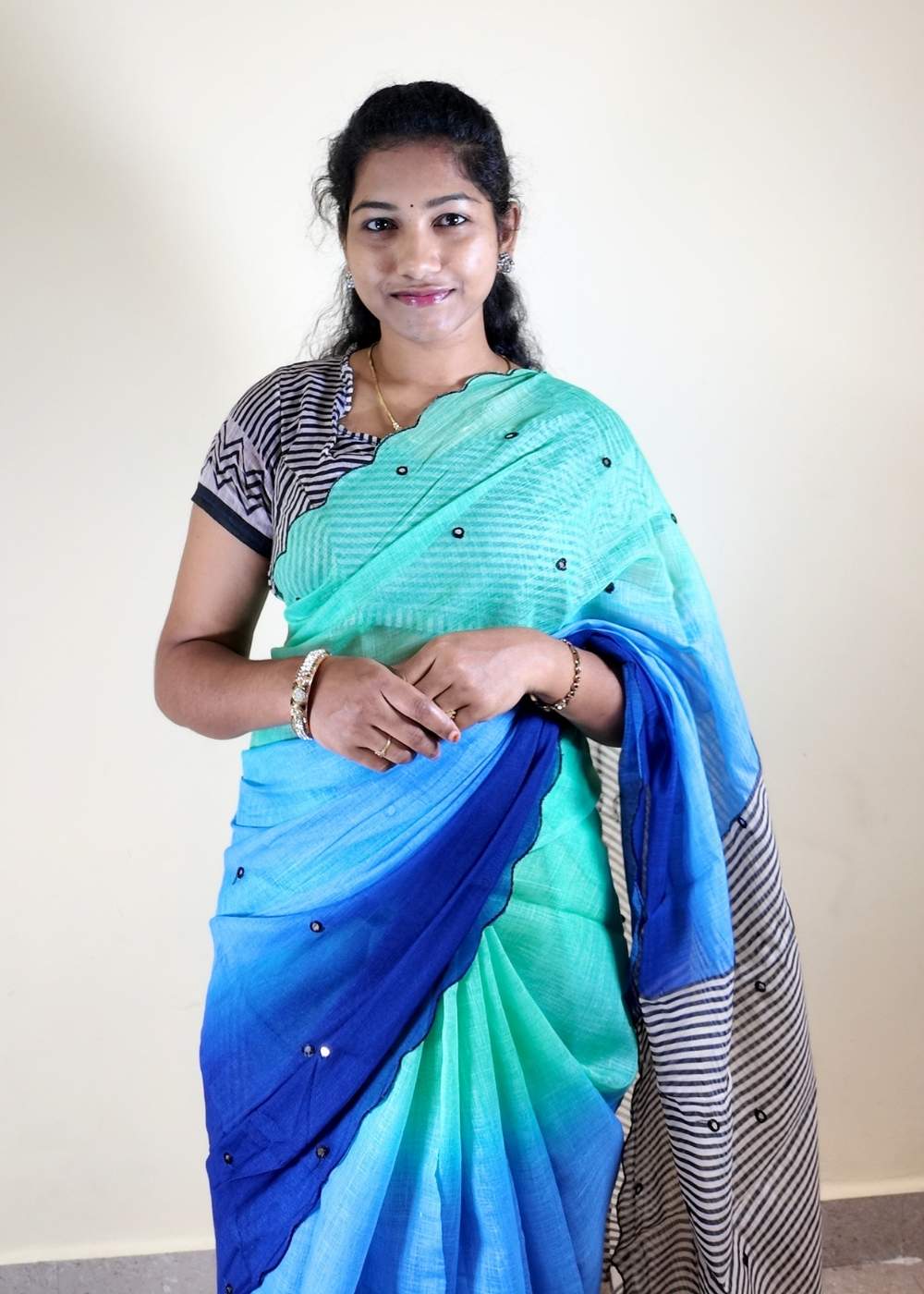 Linen Cotton Mirror Work Saree with Cutwork Border