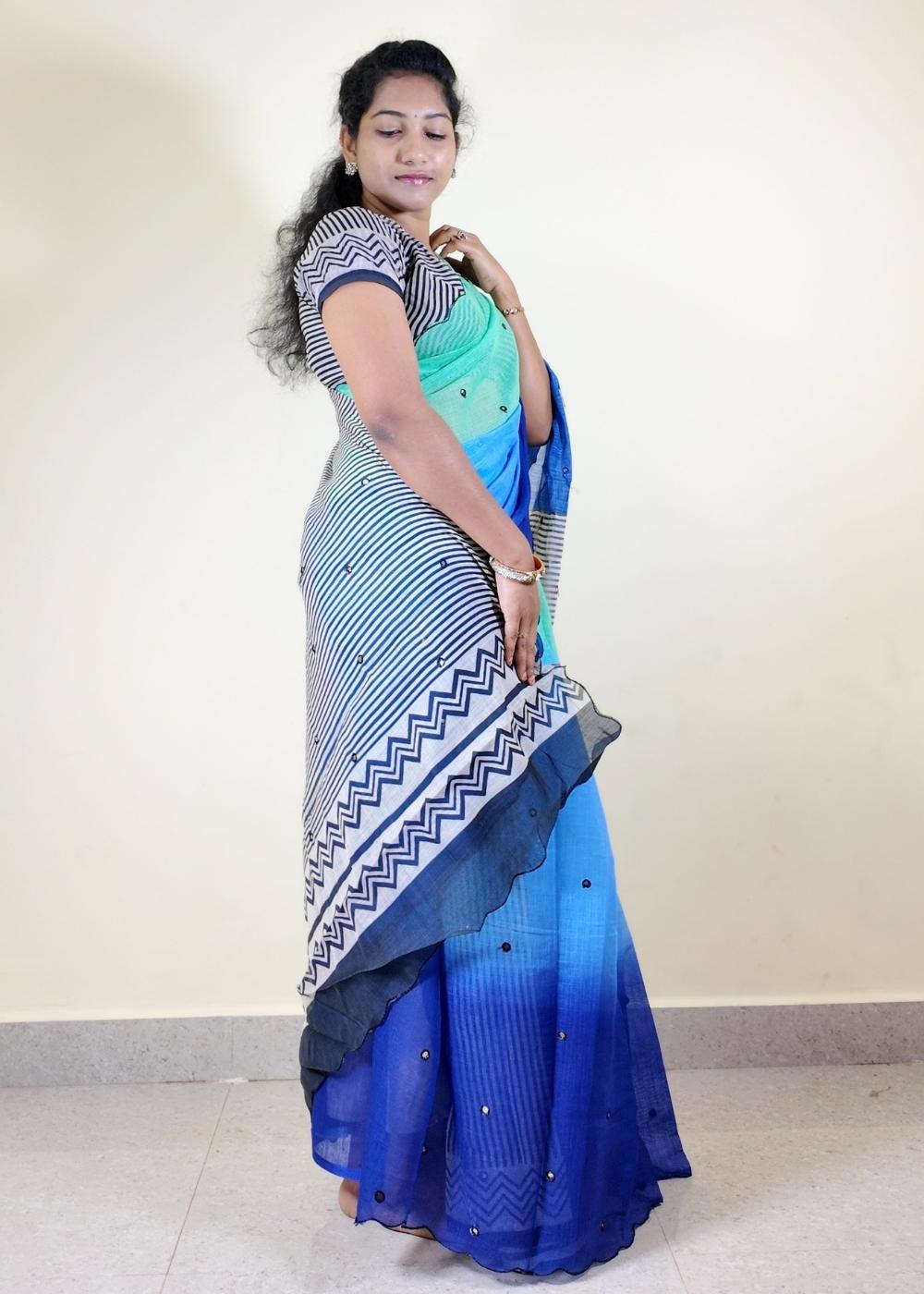 Linen Cotton Mirror Work Saree with Cutwork Border