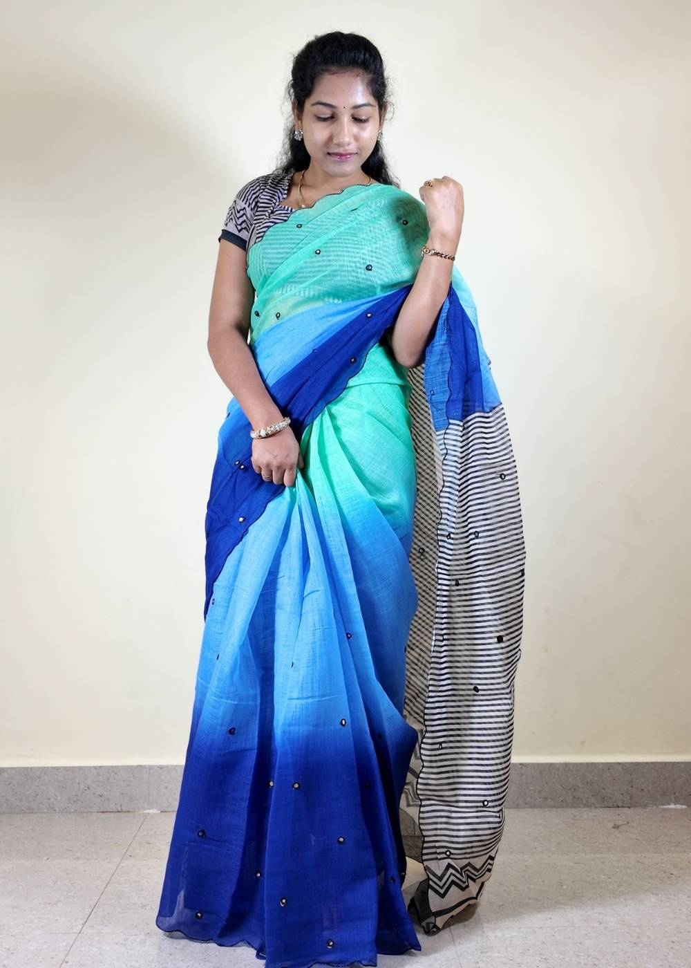 Linen Cotton Mirror Work Saree with Cutwork Border