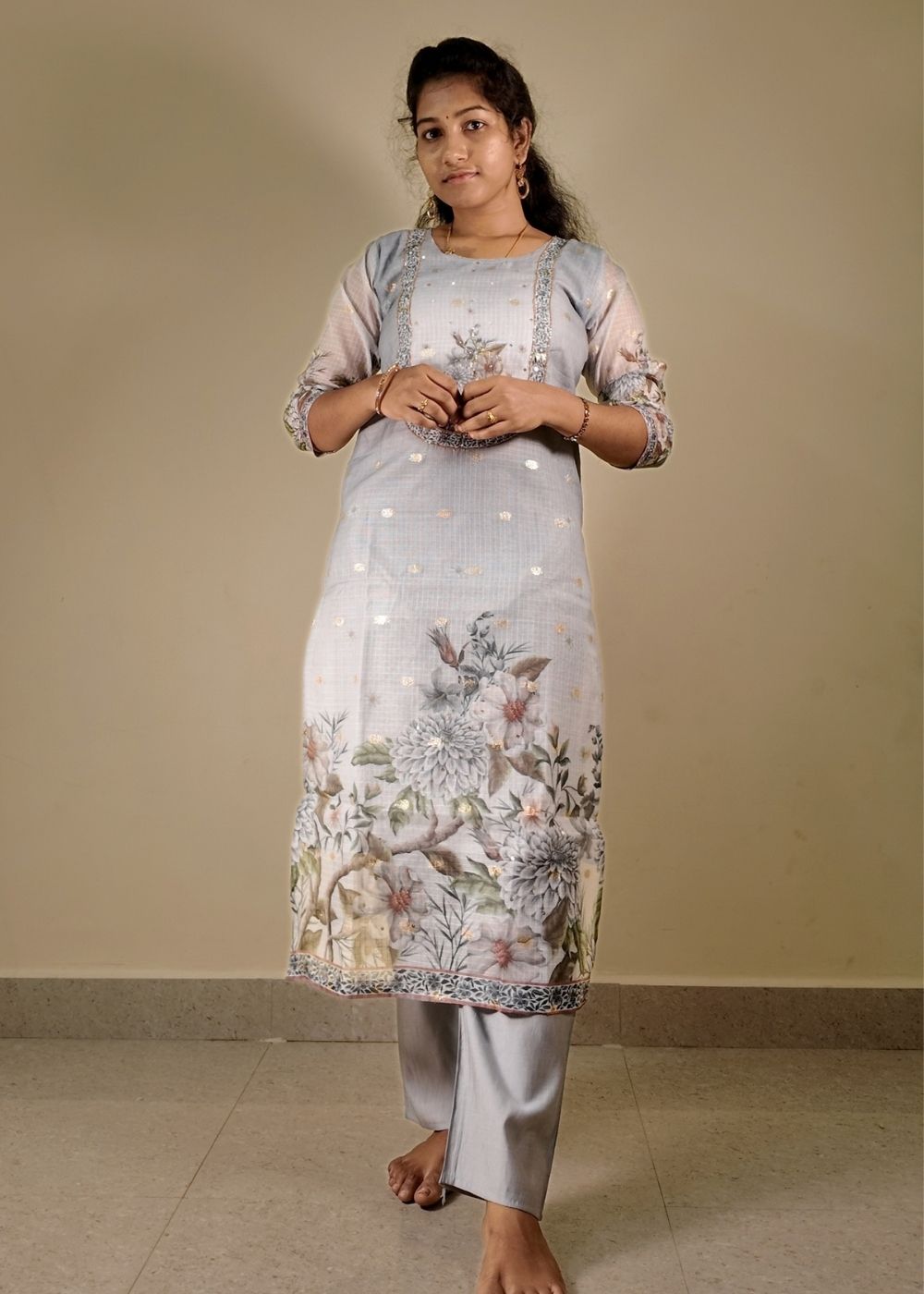 Grey Zari Kota 3-Piece Set with Full Hand Kadhana Work