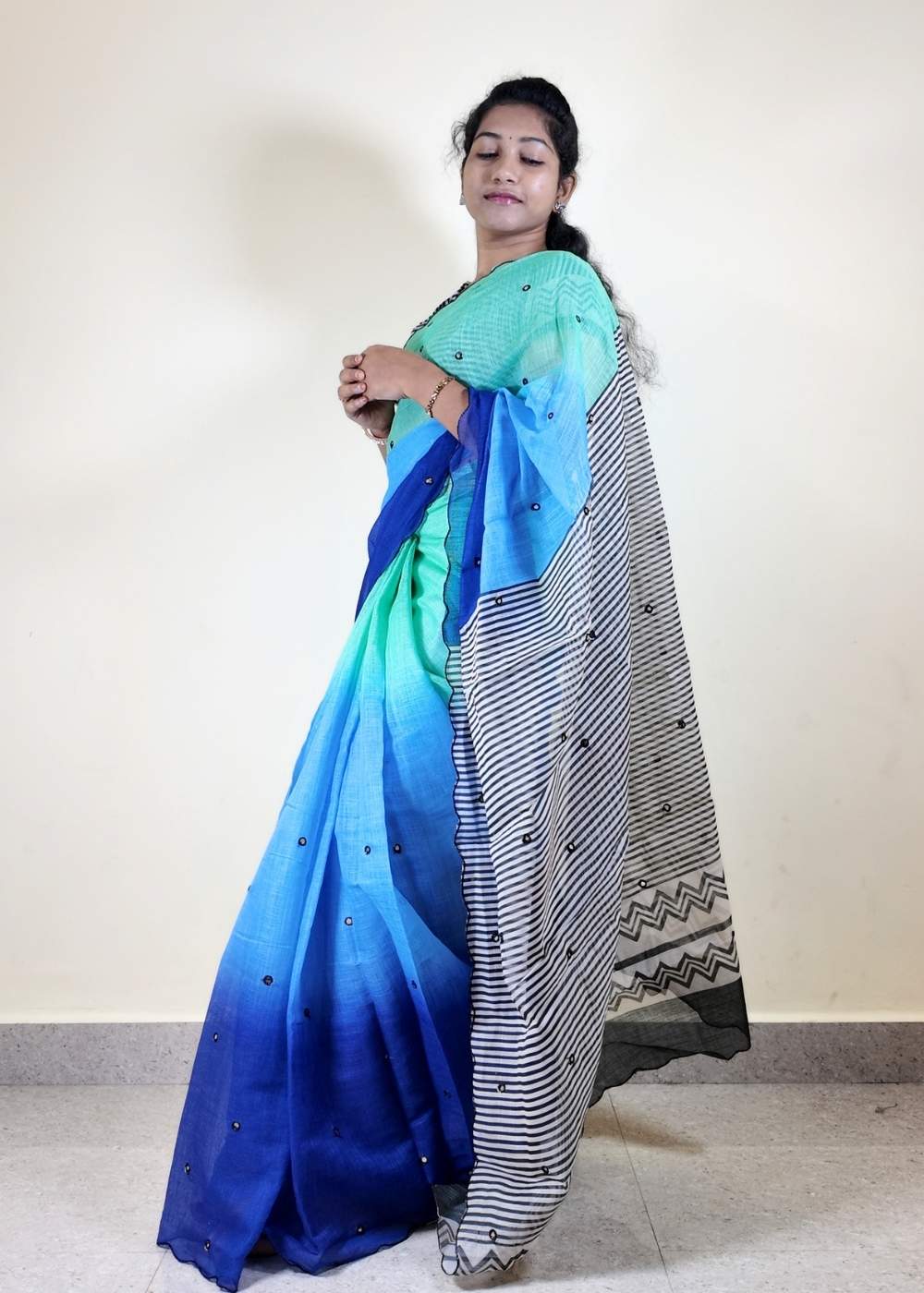Linen Cotton Mirror Work Saree with Cutwork Border