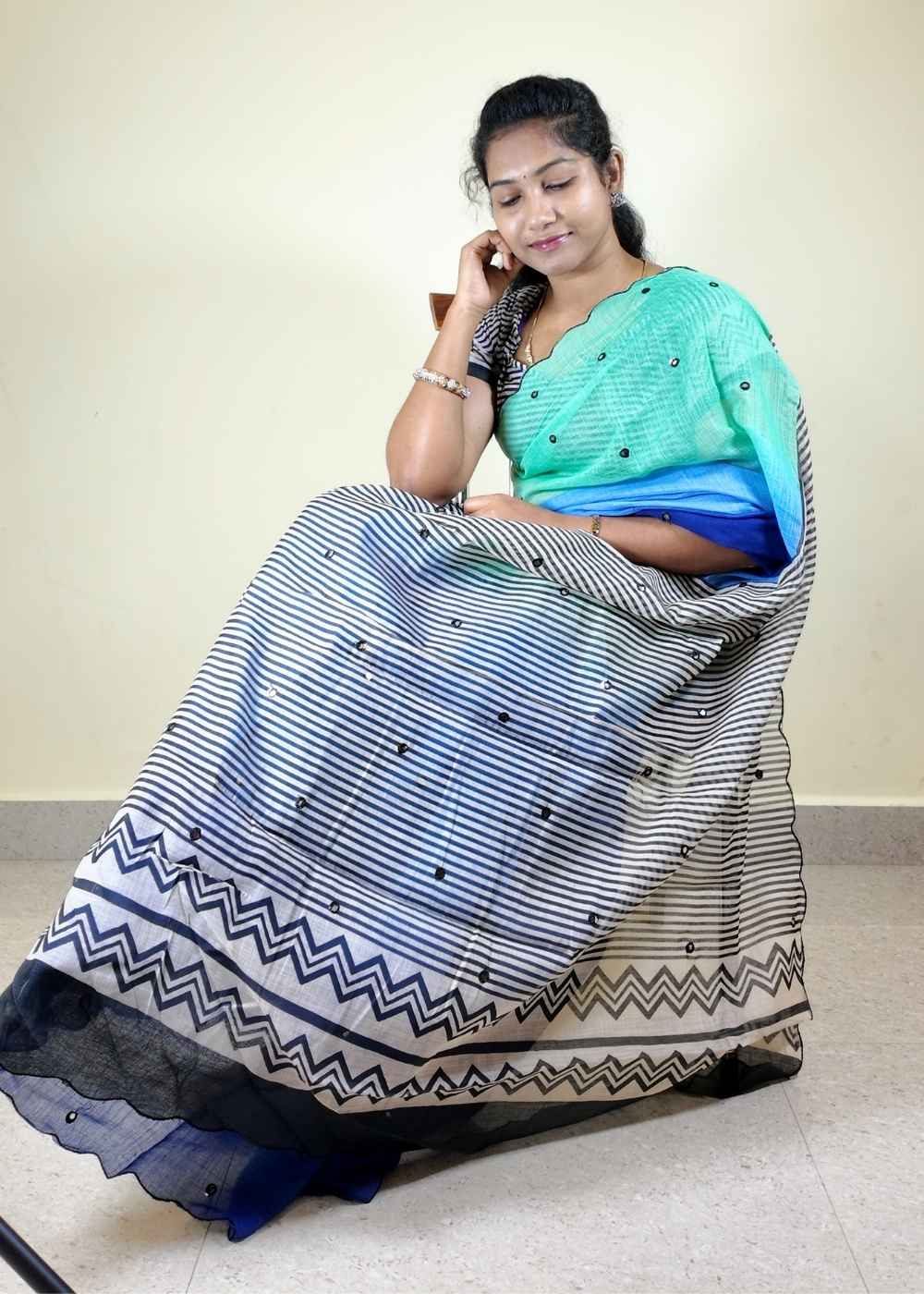 Linen Cotton Mirror Work Saree with Cutwork Border