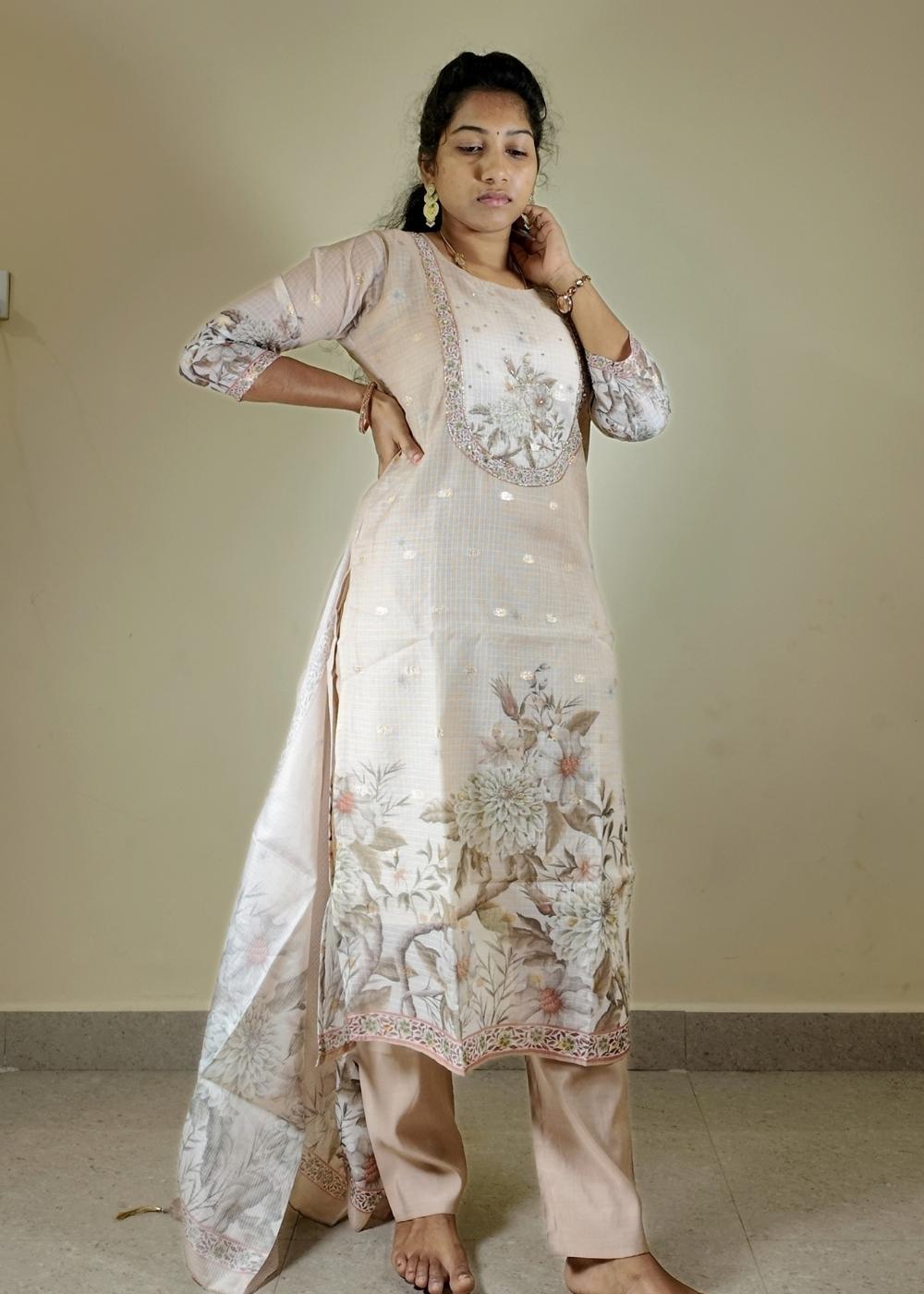 Gold Zari Kota 3-Piece Set with Full Hand Kadhana Work