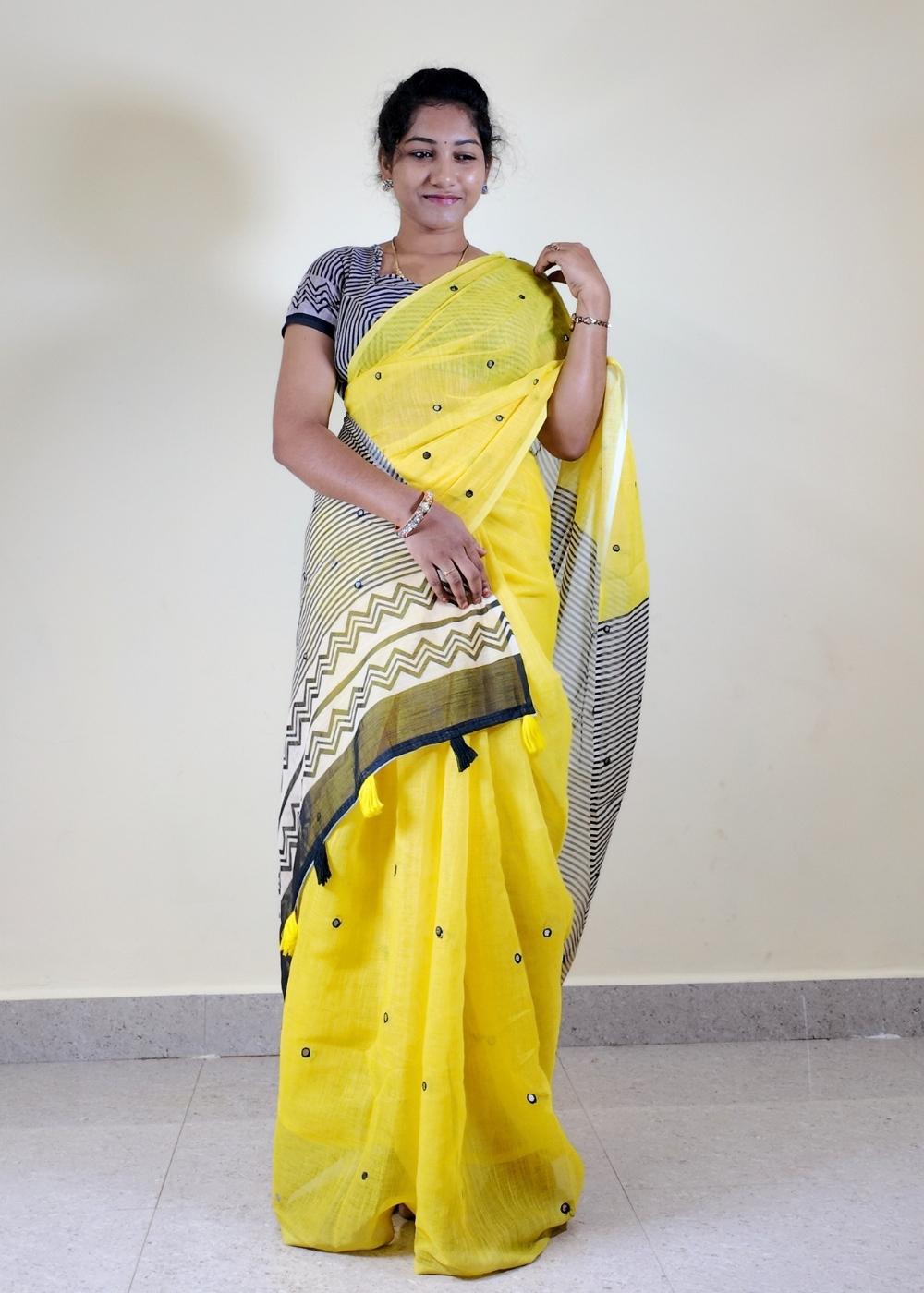 Linen Cotton Saree | Mirror Work Pallu | Lightweight Ethnic Wear
