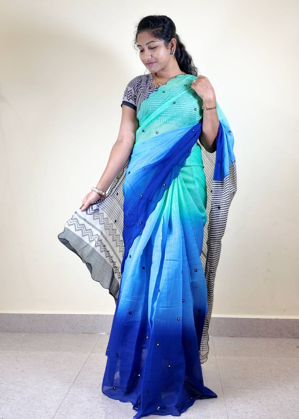 Linen Cotton Mirror Work Saree with Cutwork Border