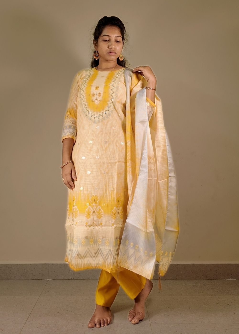 Yellow Zari Kota 3-Piece Set with Full Hand Kadhana Work