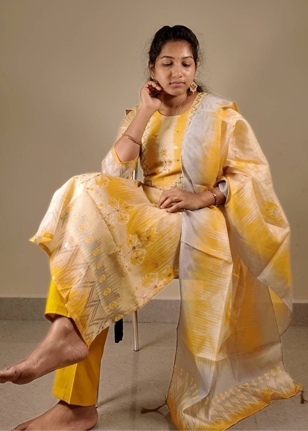 Yellow Zari Kota 3-Piece Set with Full Hand Kadhana Work