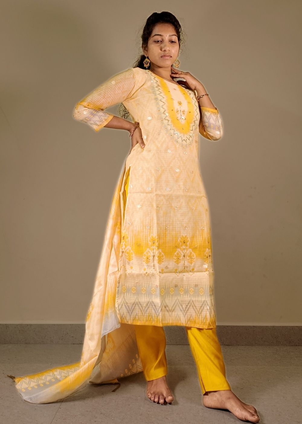 Yellow Zari Kota 3-Piece Set with Full Hand Kadhana Work