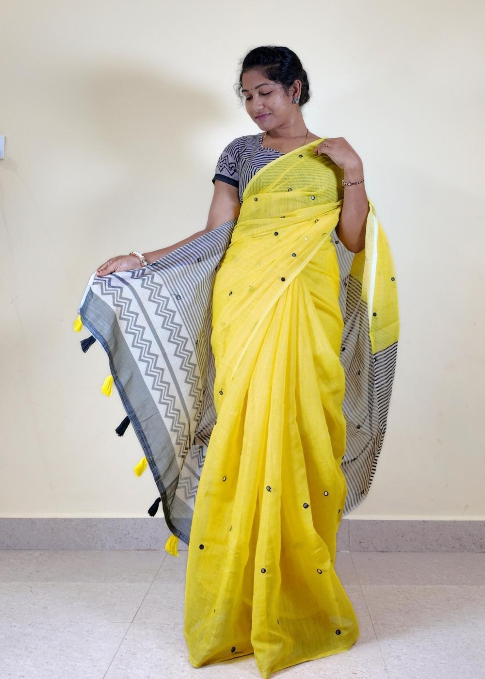 Linen Cotton Saree | Mirror Work Pallu | Lightweight Ethnic Wear