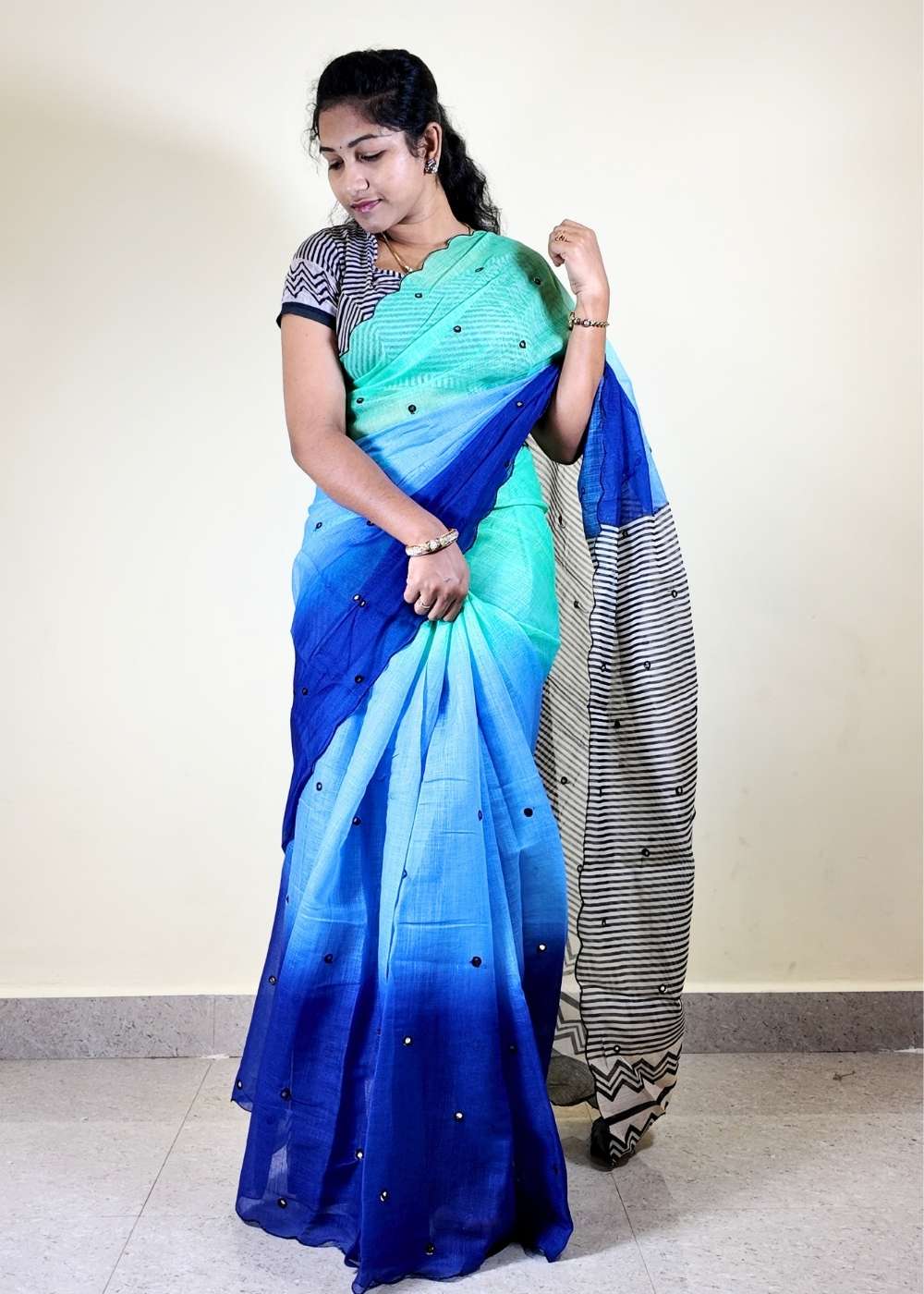Linen Cotton Mirror Work Saree with Cutwork Border