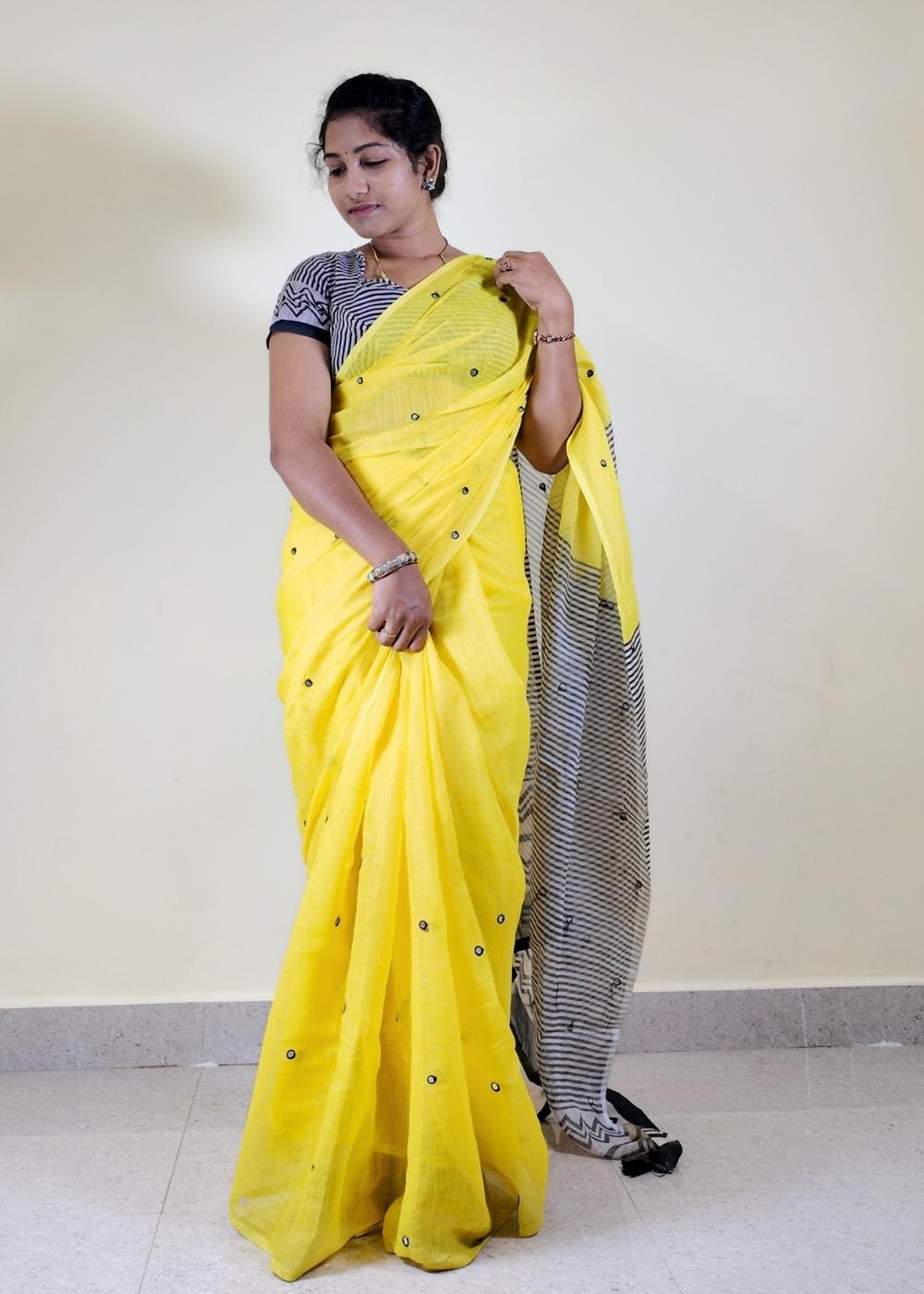 Linen Cotton Saree | Mirror Work Pallu | Lightweight Ethnic Wear