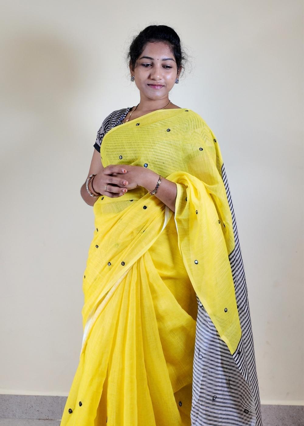 Linen Cotton Saree | Mirror Work Pallu | Lightweight Ethnic Wear