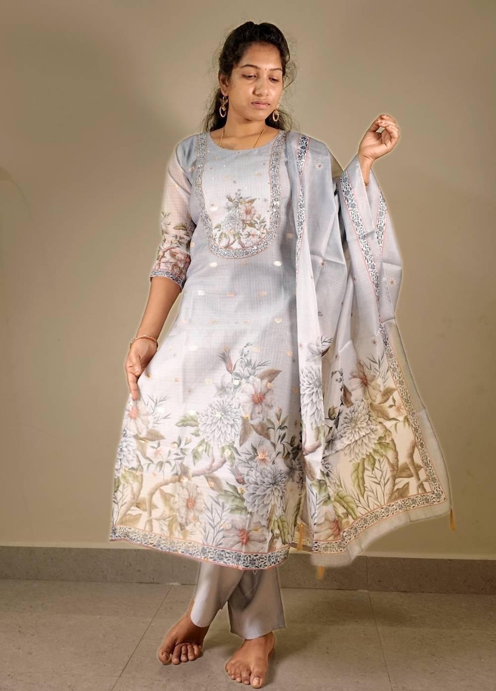 Grey Zari Kota 3-Piece Set with Full Hand Kadhana Work