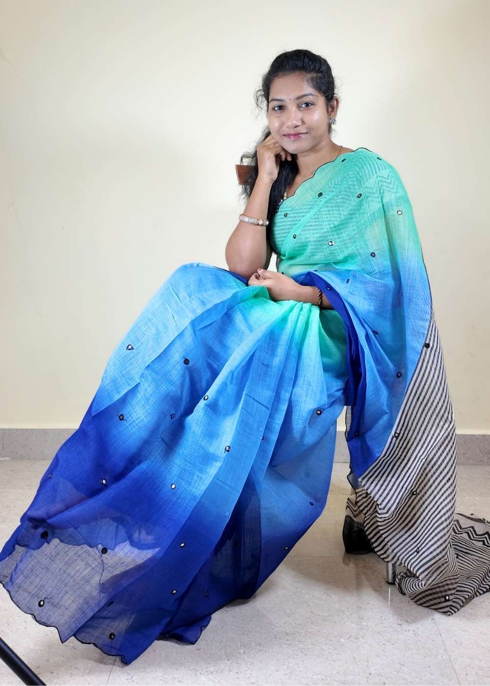 Linen Cotton Mirror Work Saree with Cutwork Border